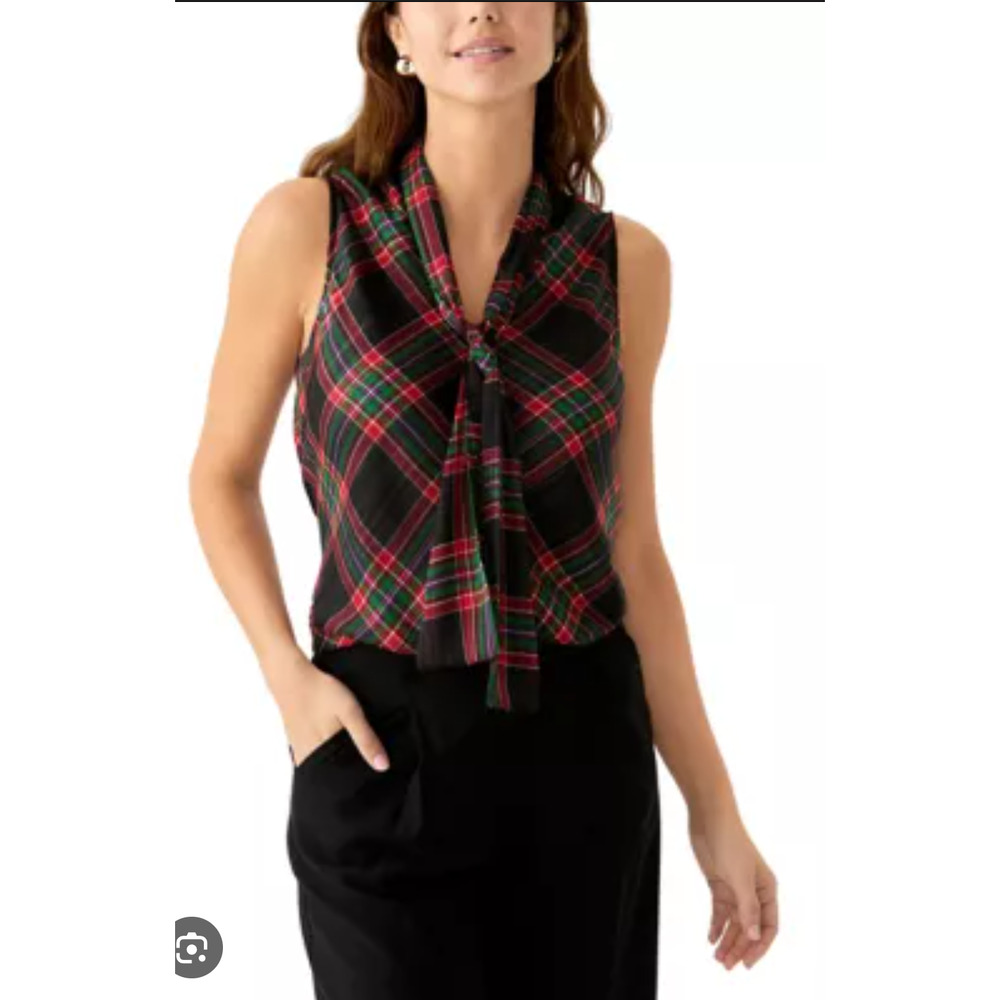 Jones New York Plaid Tie Neck Sleeveless Blouse NEW!